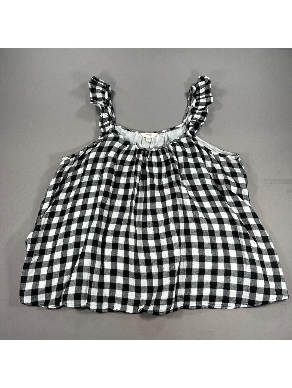 Terra Sky Top Blouse Women 0X/14W Black Plaid Ruffle Tank Top Cottagecore